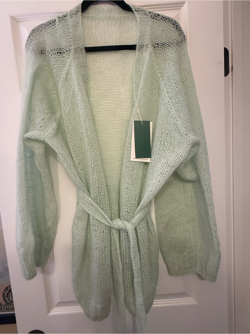 Women's Mint Green MaxMelody Open Knit Belted Cardigan Sweater XXL